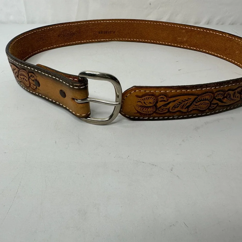 Vintage Hand Tooled Leather Floral Belt Brown Western Boho Silver Buckle 31in